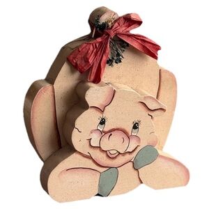 Cute Piggy Wooden Decor with Red Bow Folk Art